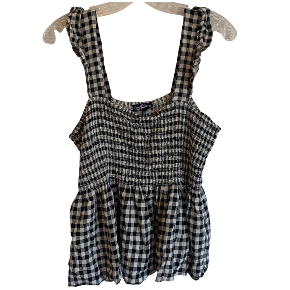 Freshman Womens XXL Gingham Ruffled Tank Top Flutter Sleeve Scrunch Peasant
